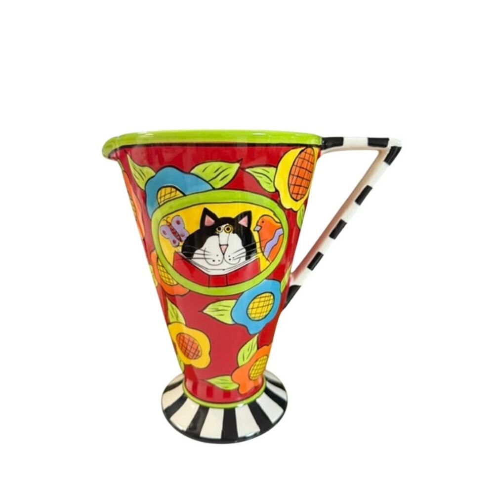VTG Catzilla Pedestal Pitcher Candace Reiter Colorful Cat Floral Whimsical Fun